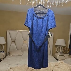 R&M Richards Blue and Black Midi Dress with Ruffled Peter Pan Collar